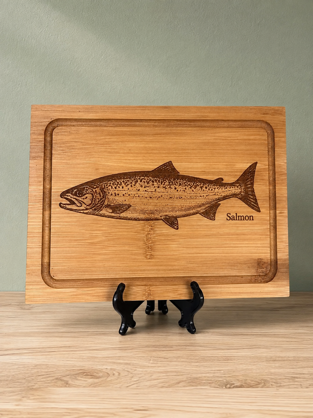 Engraved Salmon Bamboo Chopping Board: Rustic Serving Platter (24x17cm)