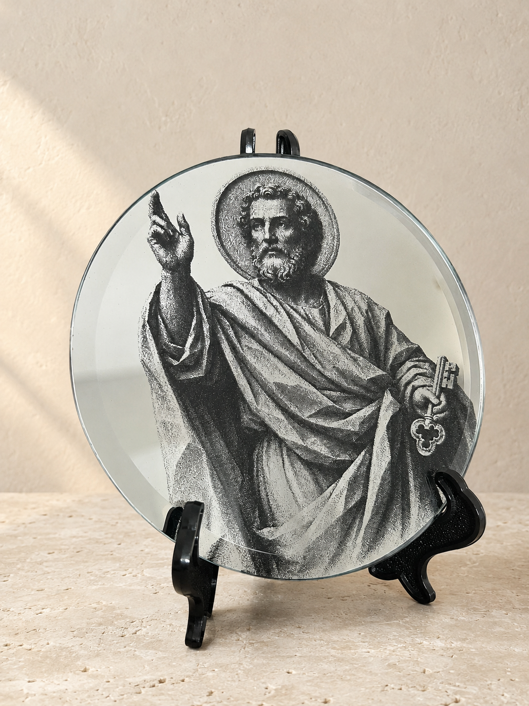 Engraved Design of St. Peter Mirror Plaque | Irish Handmade Religious Glass Art