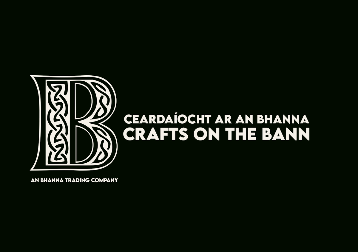 White logo and text on a black background reading 'B' with Celtic knot detailing, alongside 'CEARDAIOCHT AR AN BHANNA CRAFTS ON THE BANN' and 'AN BHANNA TRADING COMPANY'.